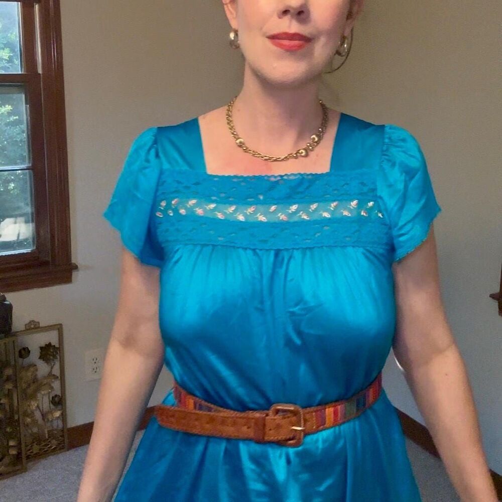 Vintage 70s Teal Boho Chic Vanity Fair Slip Dress Size Small